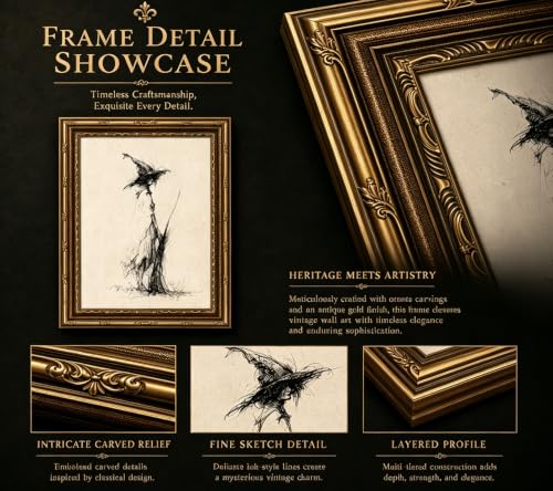 Line Witch Canvas Wall Art - Gold Framed Gothic Halloween Decor - 16x12 inches