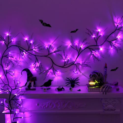 9FT Halloween Garland with Purple LED Lights & Bats - Indoor Spooky Decor, Battery Operated