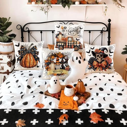 Halloween Velvet Pillow Covers Set of 4 - 18x18 Inch Spooky Cat Pumpkin Ghost Decor - Pumpkin Bow Variation