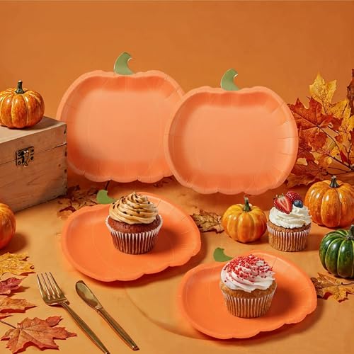 Pumpkin Party Plates - Fall Disposable Paper Plates for Halloween & Autumn - 24 pcs