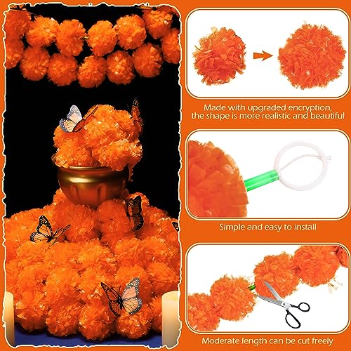 Artificial Marigold Garland Set with Butterflies - 5 ft Day of the Dead Decoration for Weddings & Parties