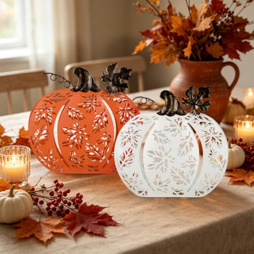 Lighted Metal Fall Pumpkins Decor Set - Orange & White, Rustic Autumn Accent with Leaf Shadows
