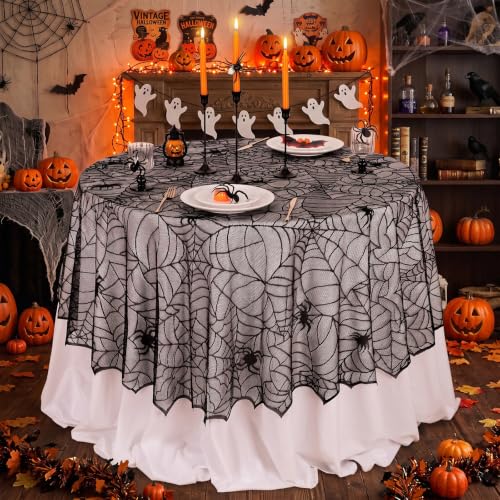 Halloween Black Lace Tablecloth 70 inch Round Spider Web Decor - Black