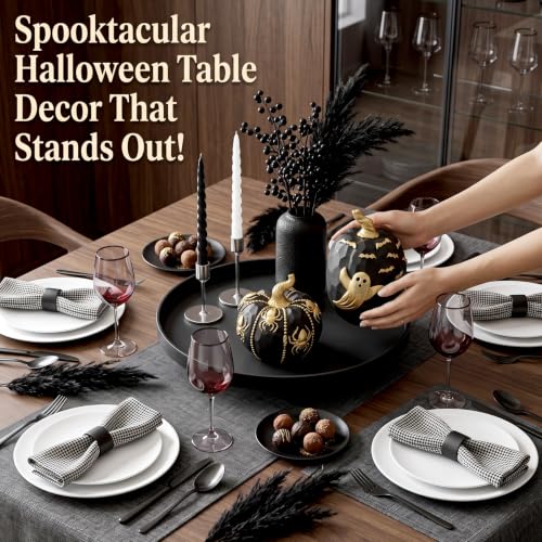 Halloween Pumpkin Decor Set - Black & Gold Resin Pumpkins with Spider Web Ghost Bat E