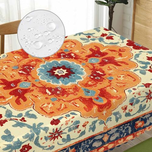 70x52 Inch Boho Carpet Tablecloth Rectangular Ethnic Southwest Rug Orange Wipeable