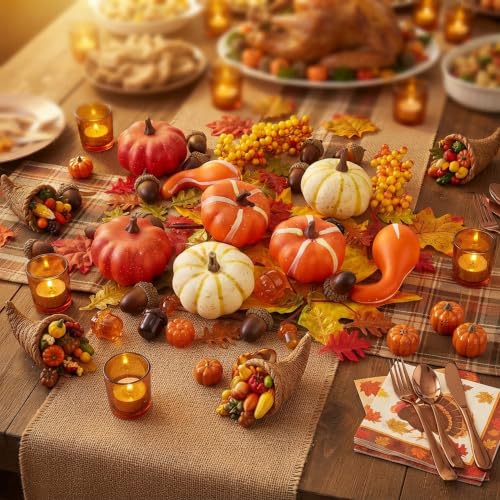 Artificial Mini Pumpkin Set with Acorns & Leaves - Fall Decor, Harvest Bowl Fillers - Mixed 1-3 Inch