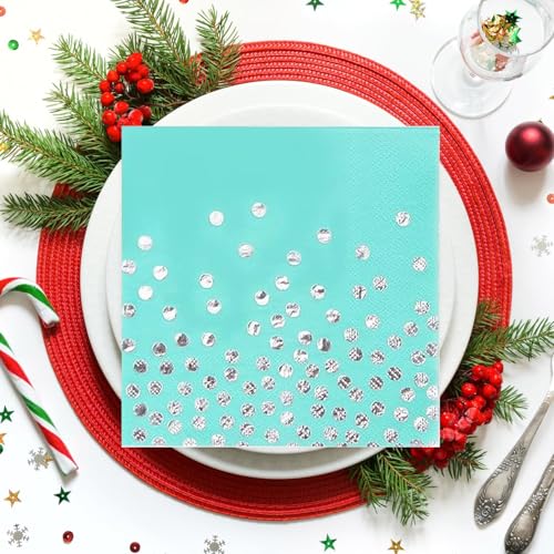 200Pcs Teal and Silver Dot Party Napkins - Elegant Cocktail & Wedding Supplies