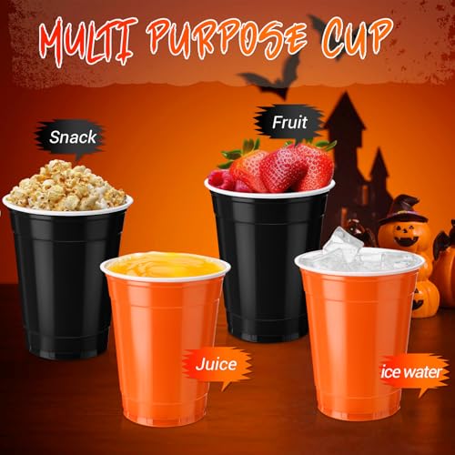 Halloween Plastic Drinking Cups 12oz Pack of 100 - Orange & Black Party Cups