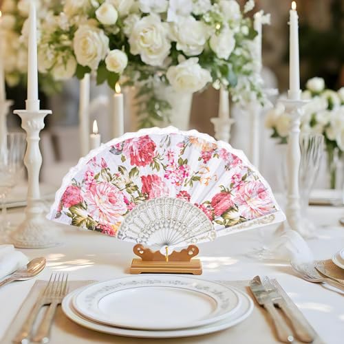 White Large Folding Silk Hand Fan - Elegant Chinese Rave Renaissance Fan for Festival & Dance - 20 Pack