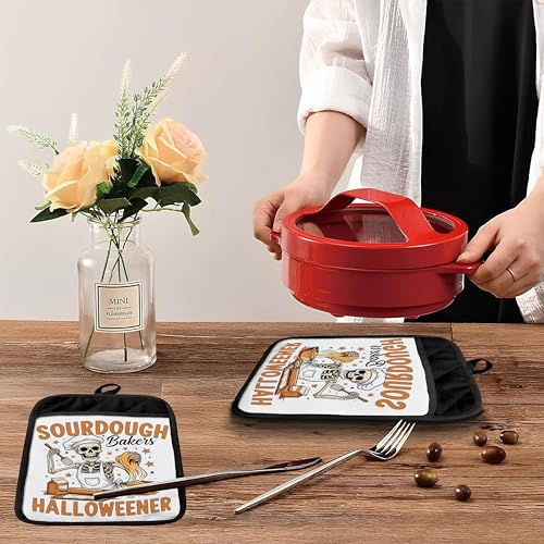 Halloween Skeleton Pot Holders with Pockets - Heat Resistant Oven Mitts for Baking & Cooking