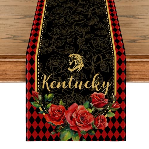 Horse Roses Diamond Pattern Table Runner 13x72 Inch for Dining & Holiday Decor