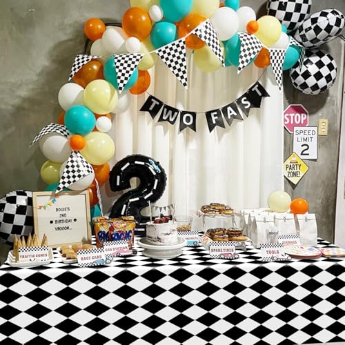 86x51 Inch Black and White Checkered Plastic Tablecloth - Racing & Halloween Theme - 4 Pack
