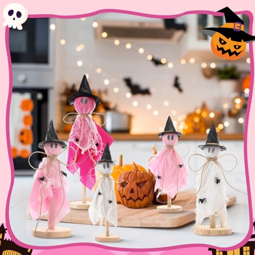Halloween Ghost Decorations Set - Primitive Pink Wooden Centerpieces for Home & Party