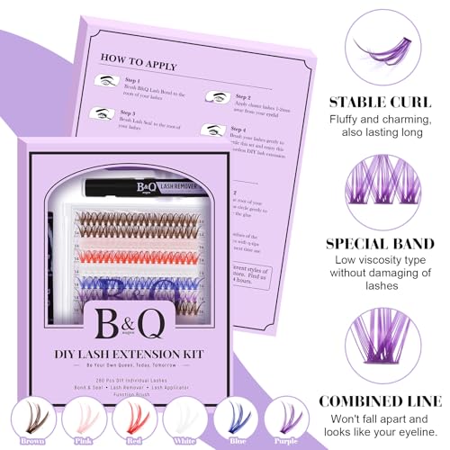 Rainbow Colored False Eyelash Kit - 280PCS DIY Volume Lashes with Glue & Remover - Variation of Colored Light