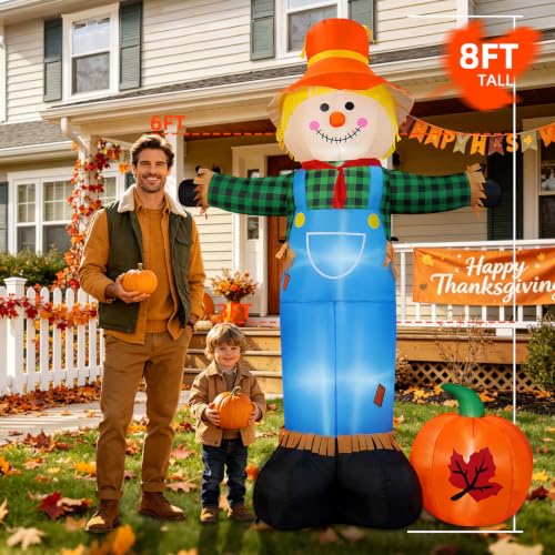 8FT Fall Inflatable Scarecrow with Pumpkin & LED Lights - Outdoor Yard Decoration - Variation: 8FT-Scarecrow Inflatable