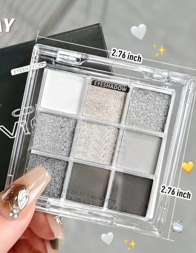 Grey Black Smoky Eyeshadow Palette - 9 Color Matte Shimmer Glitter Makeup Set with Brush