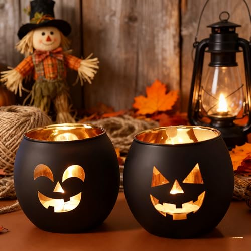 Halloween Candle Holder Set - Glass Votive Tealight Holders with Jack O Lantern Faces, 4 Pieces