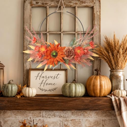 Fall Sunflower Wreath for Front Door - 17 Inch Artificial Autumn Decor - Orange Flowers