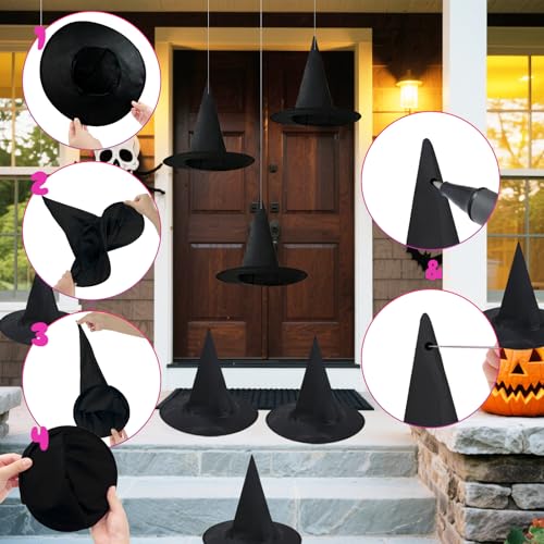 Halloween Hanging Witch Hats Set with Bat Wall Decor & Rope - Spooky Indoor Outdoor Party Decorations