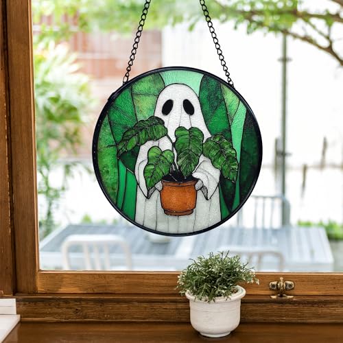Halloween Ghost Stained Glass Sun Catcher - Indoor Window Wall Decor, 7.9 Inch