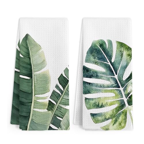 Sage Green Leaf Kitchen & Bathroom Hand Towels Set - Modern Herbs Leaves, 16x24 Inches - Leaf Variation