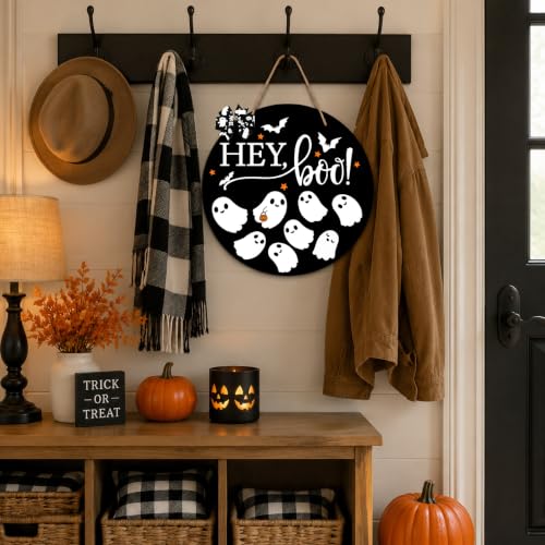 Halloween Welcome Door Sign Wooden Hanging Decor - Ghost Design, 12x12in