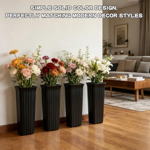 Black Plastic Flower Buckets 11.8 Inch Square Vases for Centerpieces - Set of 6