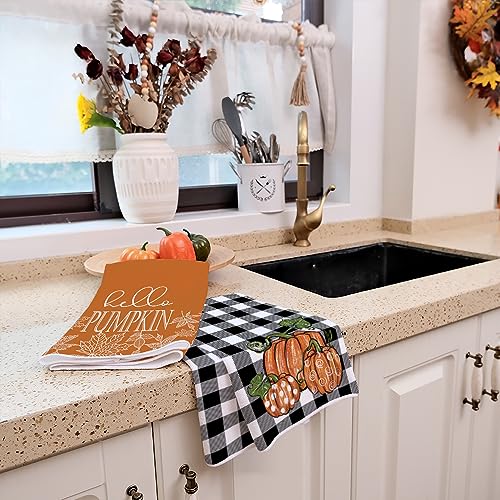 Brown Pumpkin Fall Kitchen Towels Set of 2 - Black Buffalo Plaid