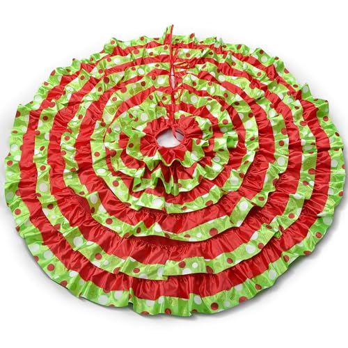 Green and Red Christmas Tree Skirt 48 Inch Ruffle Polka Dots for 6-7.5 FT Trees - Holiday Decor