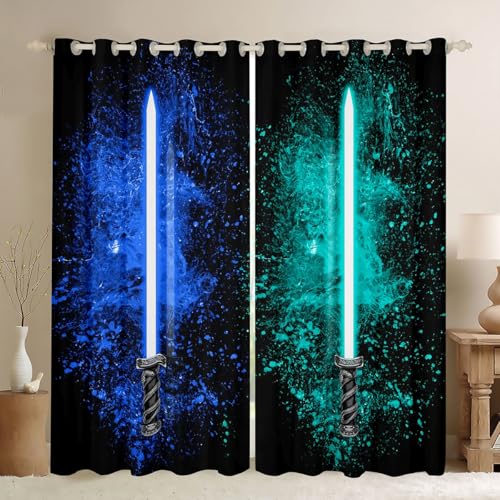 Saber Curtain Set for Kids Bedroom & Living Room - Blue Teal Blackout Insulated Drapes, 42x63 Inches