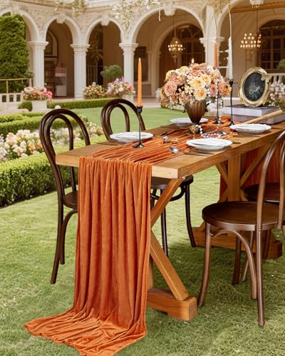 Orange Velvet Table Runner 10ft Long Set of 2 - Rustic Thanksgiving Decor