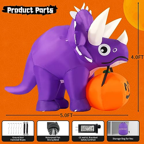 Halloween Dinosaur Inflatable with Pumpkin & LED Lights, 5 ft Outdoor Yard Decoration