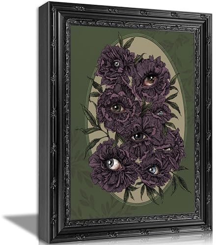 Gothic Dark Academy Wall Art - Surreal Purple Peony Floral Eye Canvas Print - 24x16 Inches