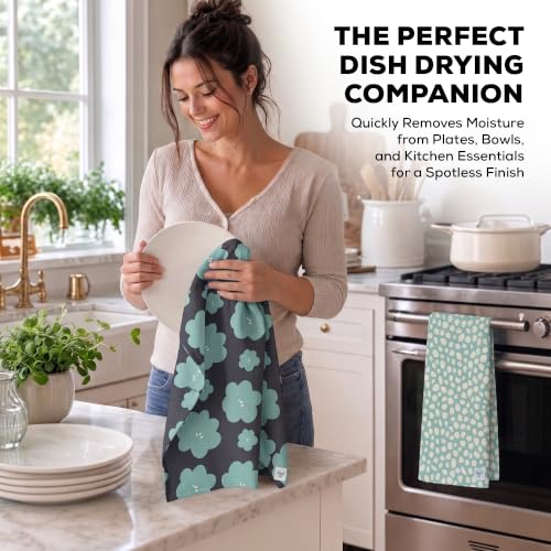Turquoise Microfiber Dish Towels 2-Piece Set - Waffle Weave Kitchen Towels with Hanging Loops