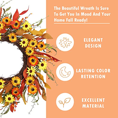 Artificial Fall Wreath 20 Inch Autumn Flowers & Leaves for Front Door Decor