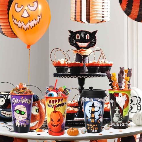 Halloween Party Cups Set - 24 Reusable Plastic Cups with Lids & Plugs, 16oz Spooky Designs