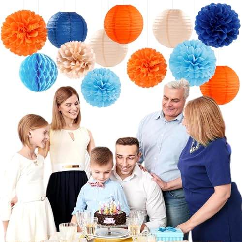 Navy Blue Orange Champagne Party Decorations Kit - Tissue Pom Poms Lanterns Honeycomb - Pink Variation