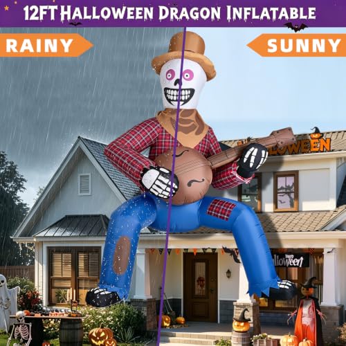 12FT Outdoor Inflatable Skeleton Cowboy with Banjo LED Lights - Halloween Yard Decor - Variation: Brown Cowboy