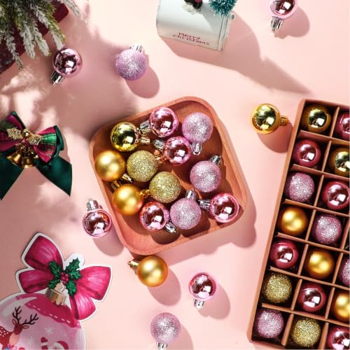 49 Pcs Christmas Ball Ornaments Set - Mini 3cm Shatterproof Decorations Gold Pink
