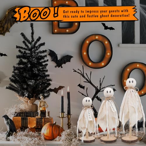 Wooden Ghost Halloween Decorations Indoor Set of 3 Rustic Shelf Sitters with Fabric Ghosts - White Variation