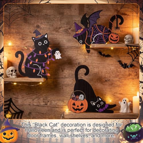 Halloween Black Cat Wooden Wall Decor Set - Bucherry 3 Pieces for Door Frame & Wall