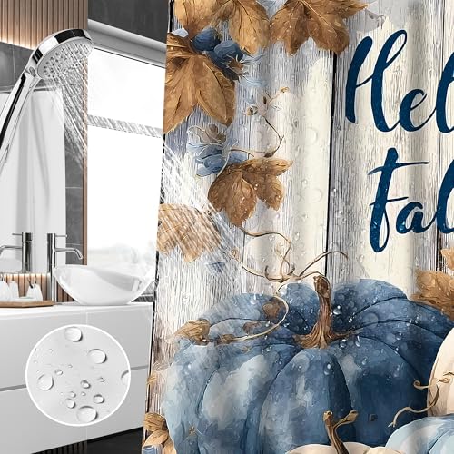 Blue Pumpkin Fall Shower Curtain Set with Bath Mats - Rustic Autumn Bathroom Decor