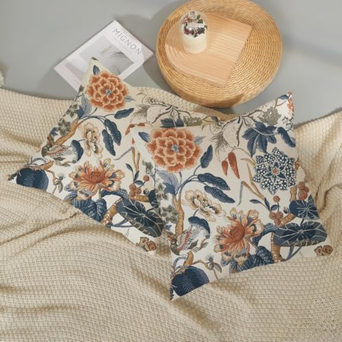 Navy Blue Orange Floral Pillow Covers Set of 2 24x24 Inch Chinoiserie Outdoor Linen