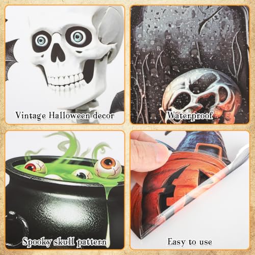 Halloween Window Clings - Large Retro Skull Pumpkin Bat Stickers - Split Skull Variation, Reusable Decals for Home & Party Decor