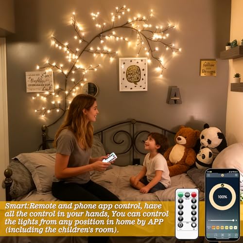 GOESWELL Smart Vine Light for Room Decor 7.5ft 144 LEDs Dimmable Tree Lights with Remote & App Control - Variation of Smart Vine with APP & Remote