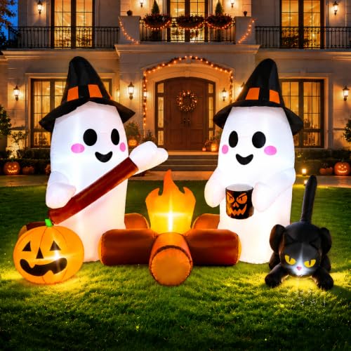 Halloween Inflatable Yard Decor with Ghost, Campfire & Lights - 7ft Outdoor Halloween Decorations
