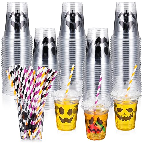 Halloween Ghost Disposable Cups Set - 12 oz Plastic Party Cups with Lids & Straws, 120 Pack