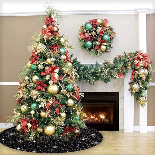 Black Sequin Christmas Tree Skirt 36 Inch Velvet Holiday Decor for Indoor & Outdoor