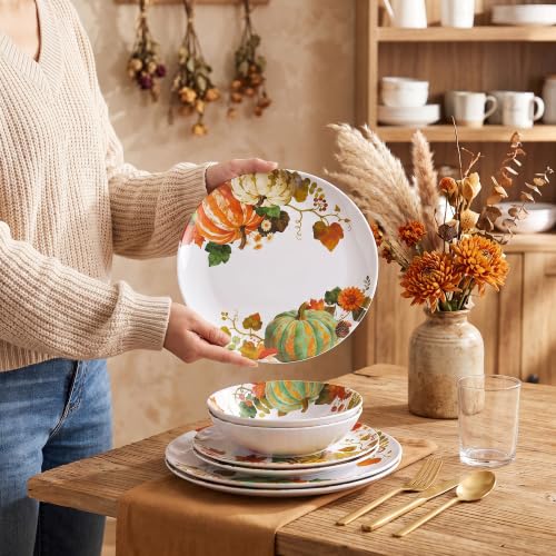 Pumpkin Fall Melamine Dinnerware Set for 4 - Service for 4, Plates & Bowls
