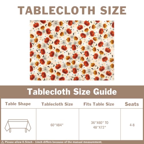 Halloween Tablecloth 60x84 Inch Rectangular Jack-O-Lantern Spider Web Bat Ghost Reusable Washable